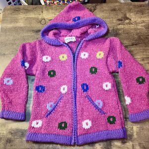 Norskwear Kids Full Zip Sweat Wool Blend Broght Flowers‎ Pointed Hood Size 5/6